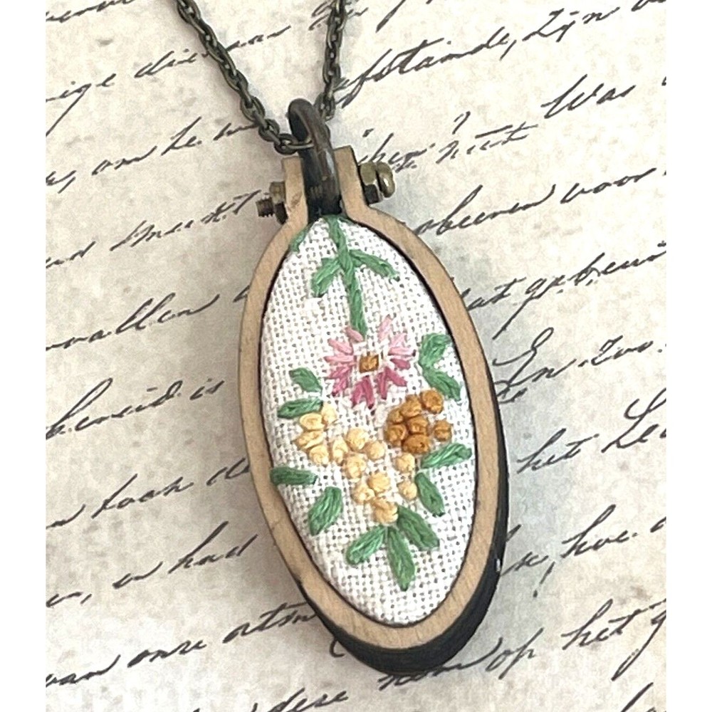Miniature Vintage Floral Wood Embroidery Hoop Handmade BOHO Necklace 24" Chain